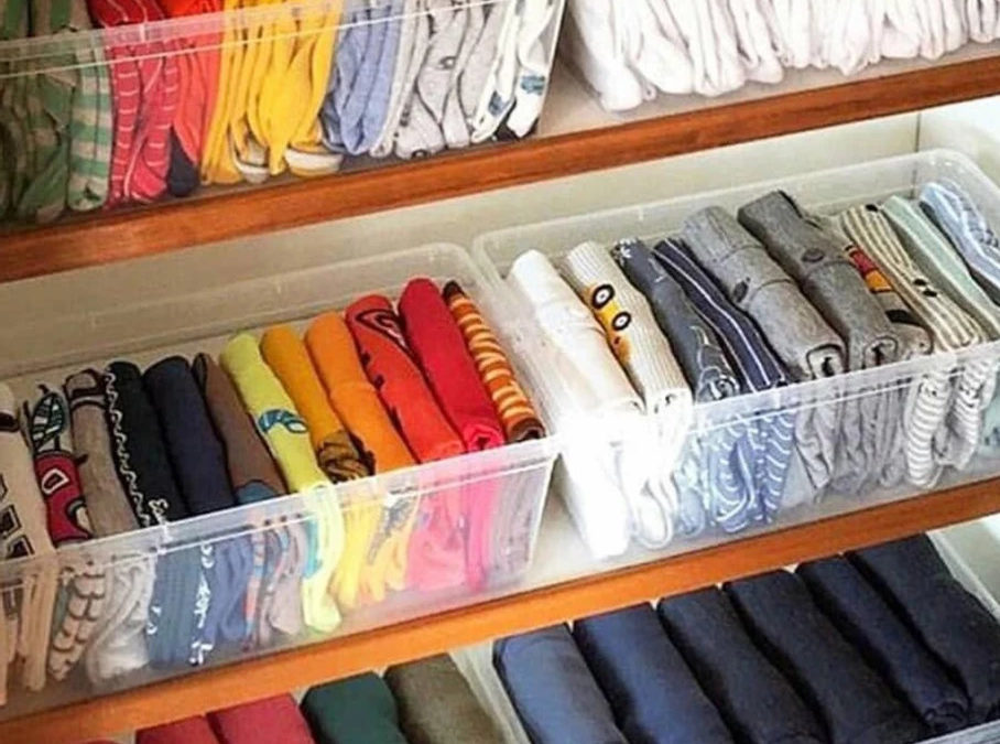 Organized closet with bins.