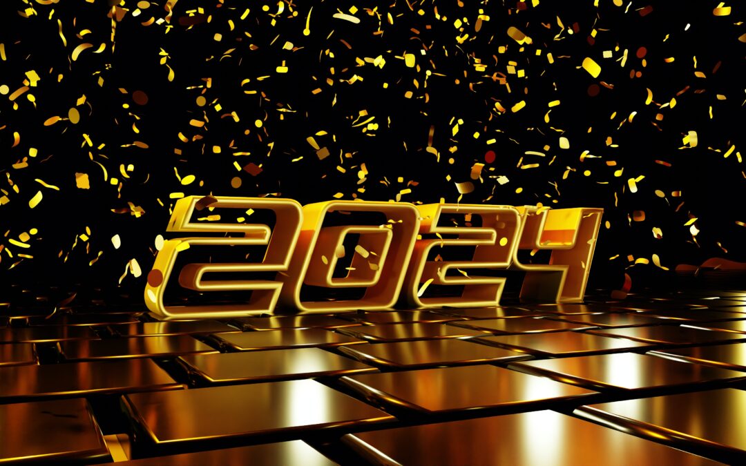 A 2024 structure with gold confetti dropping from the ceiling.