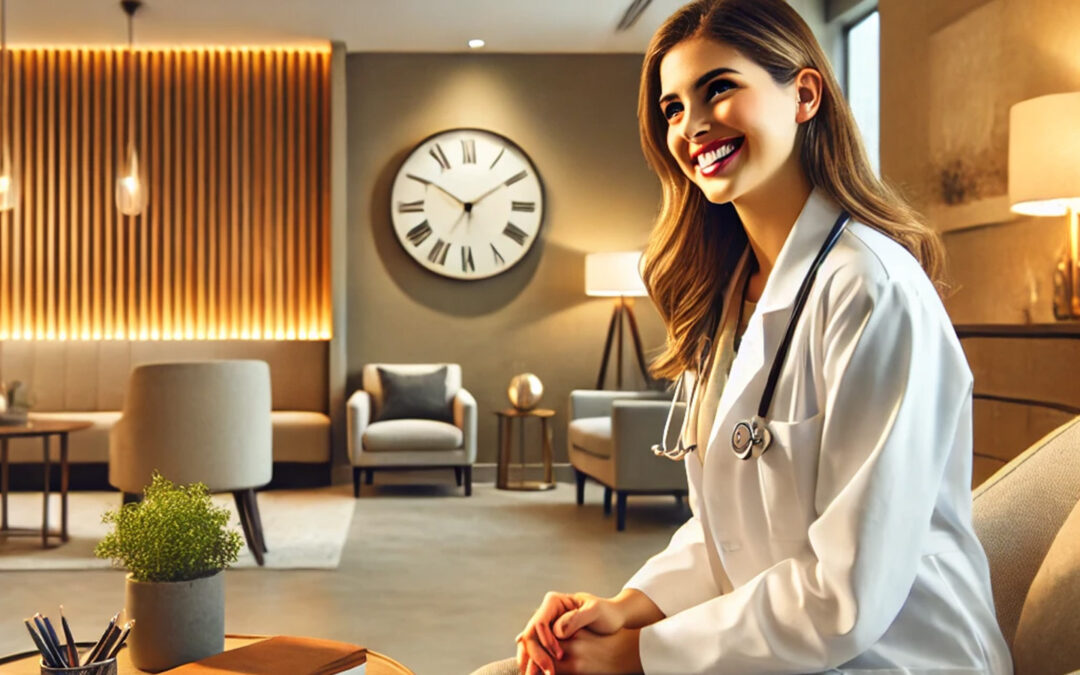 Female physician in an office smiling.